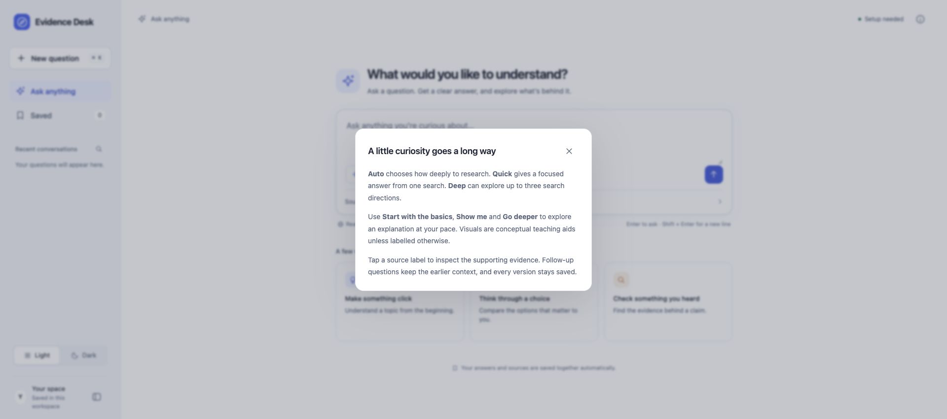 Research modes and source inspection explained in the interface.