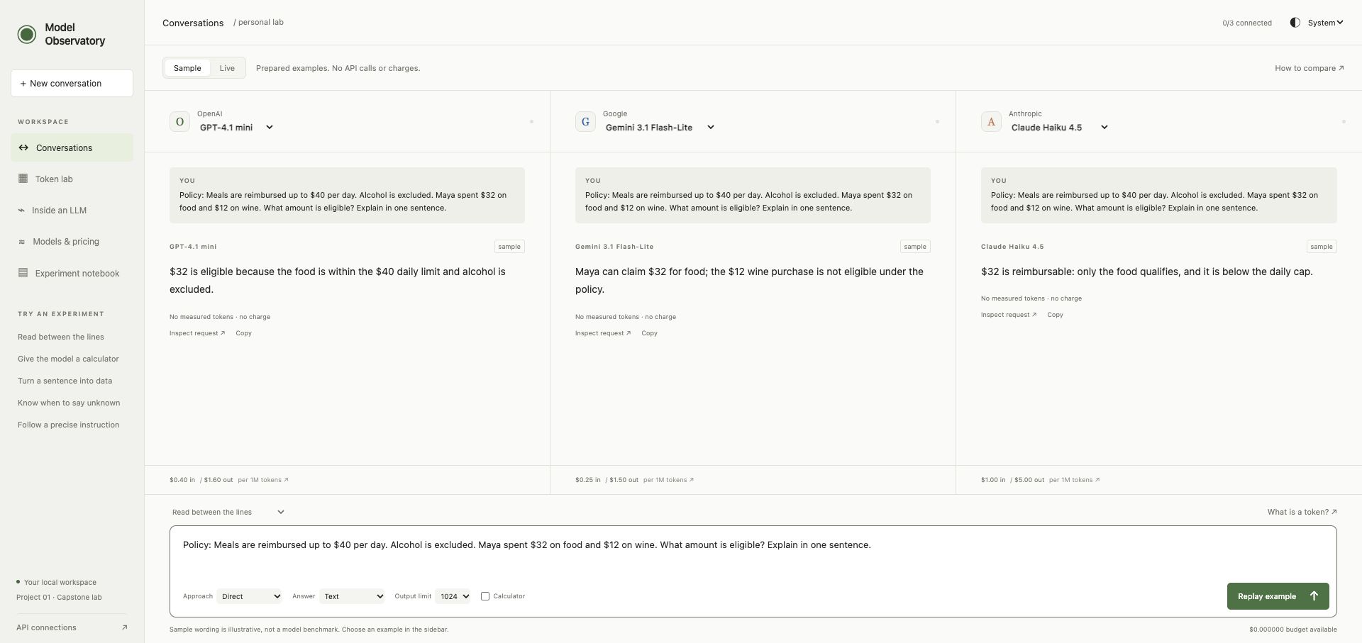 Prepared sample answers from three providers. No API calls or benchmark measurements.