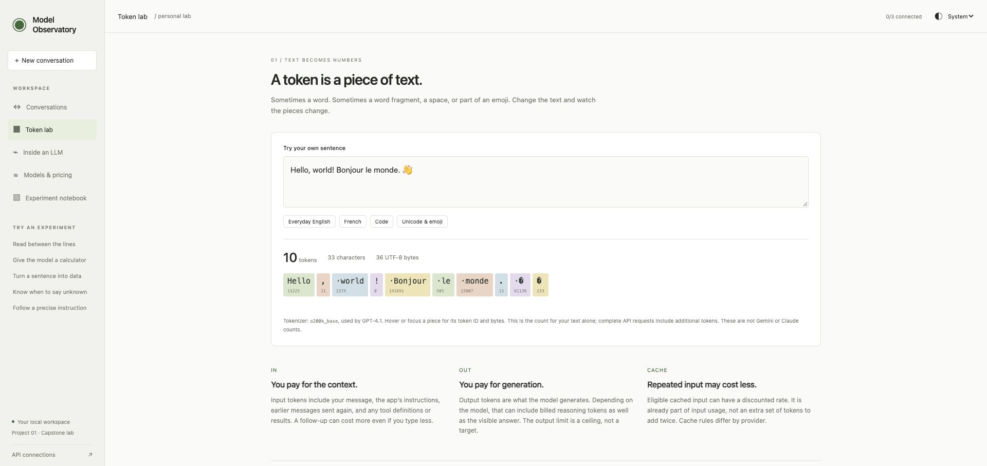 Local tokenizer showing text fragments and token counts.