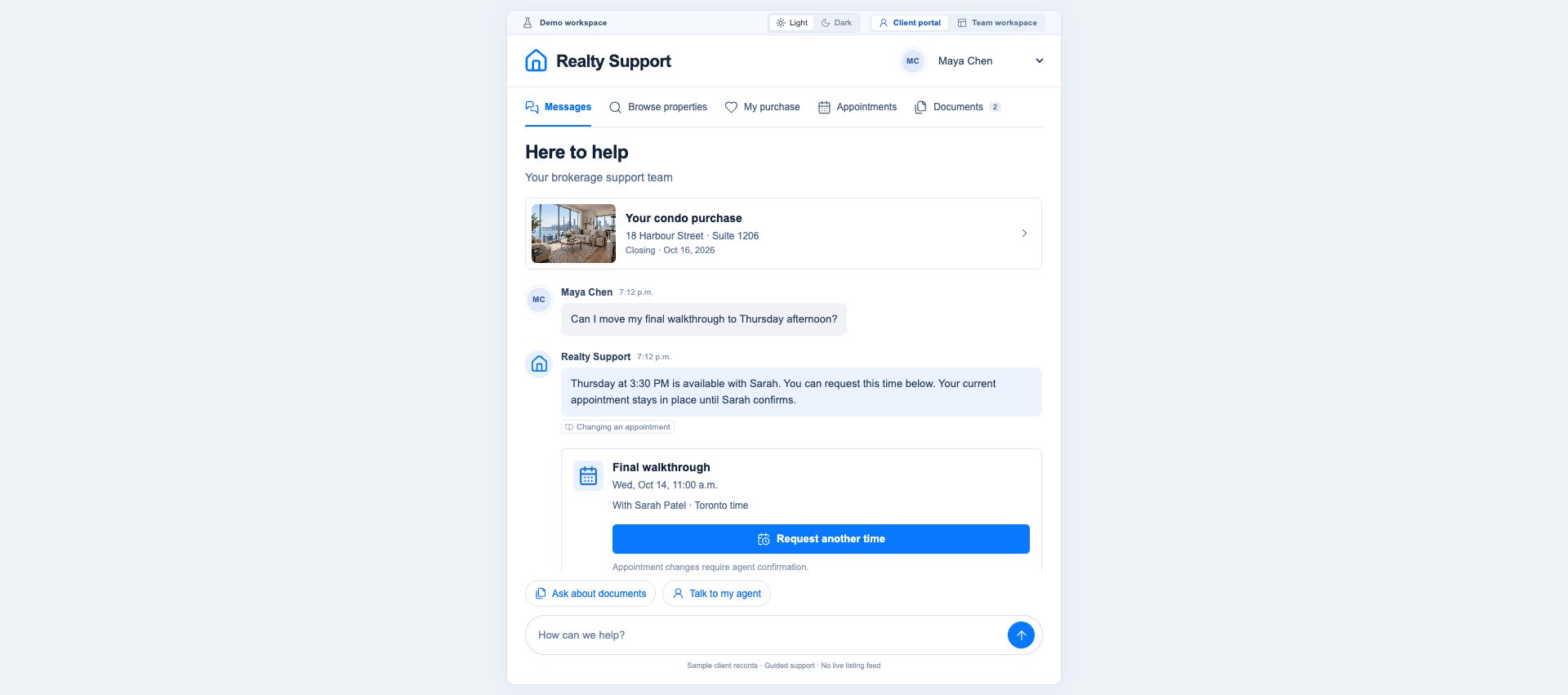 A fictional client conversation. Appointment changes require staff approval.