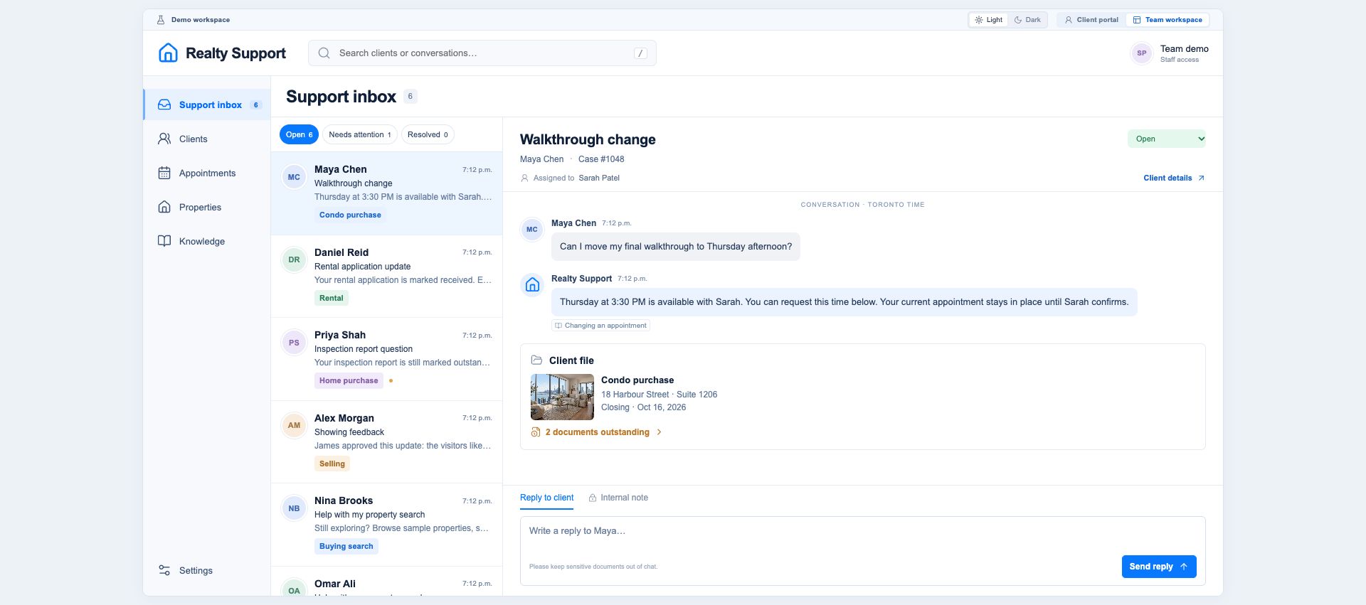 The staff demonstration inbox using fictional client records.