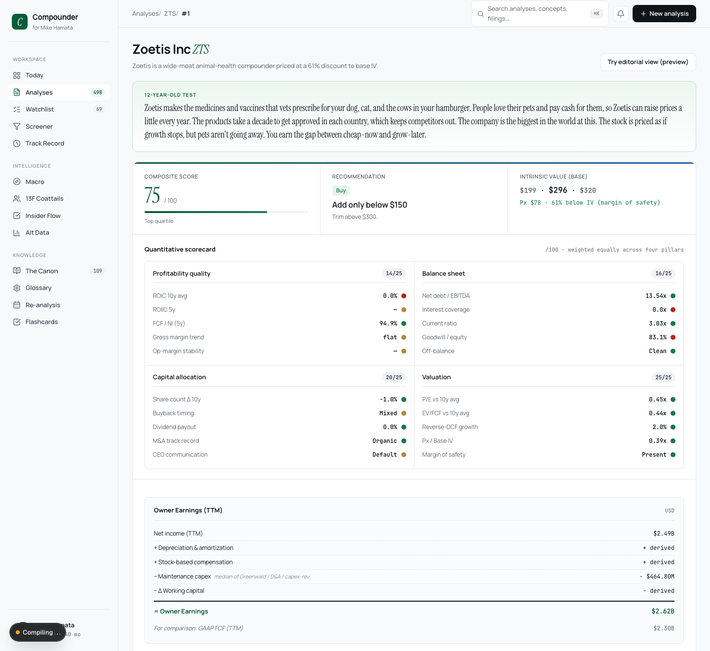 A generated analysis: the agent's written verdict sits directly on top of the deterministic scorecard, four categories of plain-Python math it reads but never gets to change.