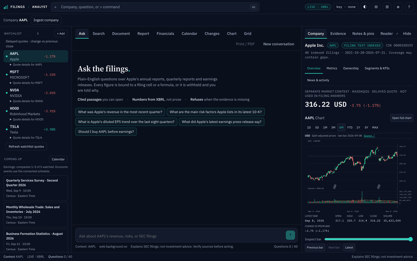 The workspace, live against the real SEC corpus. Three promises on the front page: cited passages you can open, numbers from XBRL rather than prose, and refusals when the evidence is missing. The market quote on the right is display-only context and never enters an answer.